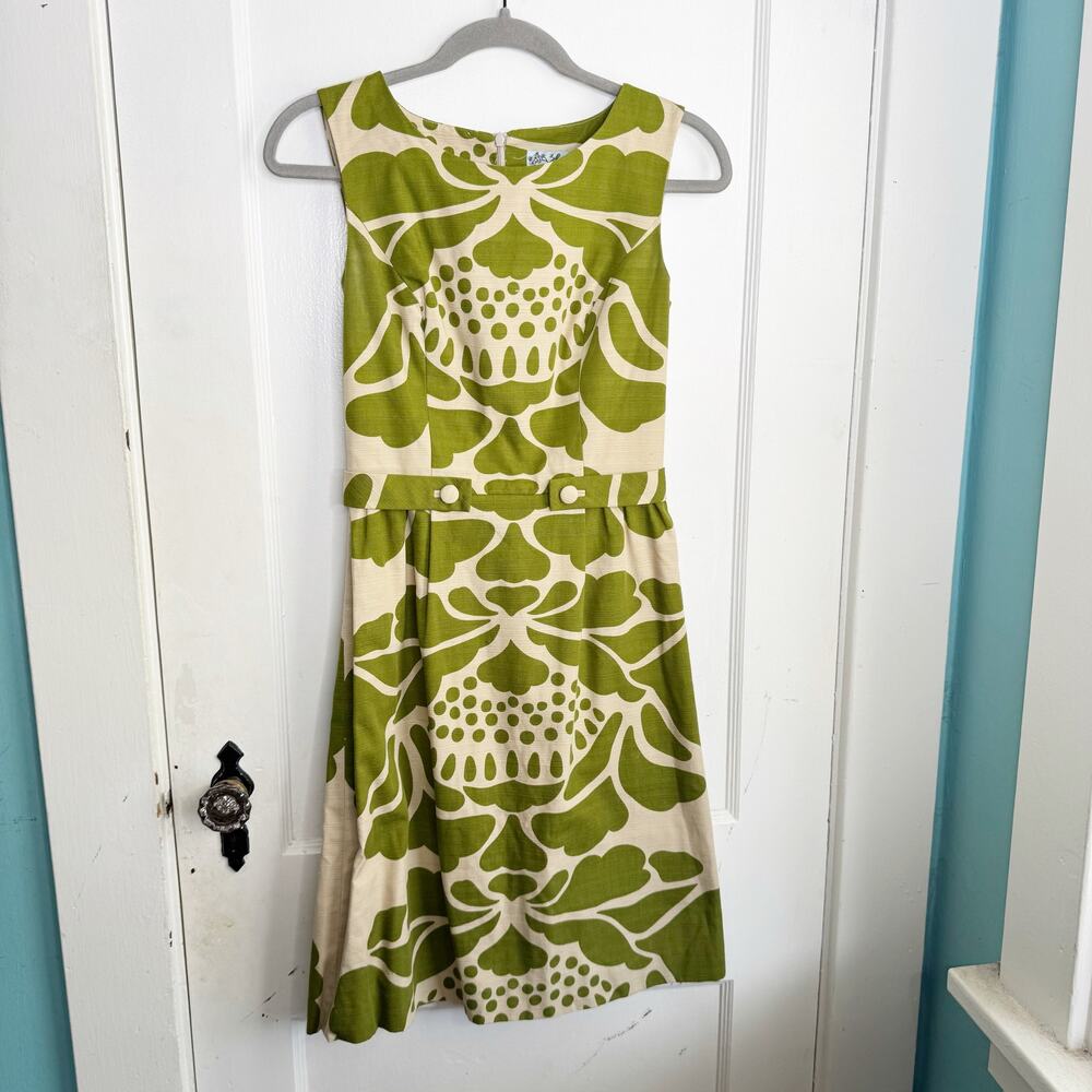 Tabitha Anthropologie Florida Room Green Patterned Retro Style Dress 2 Pencil